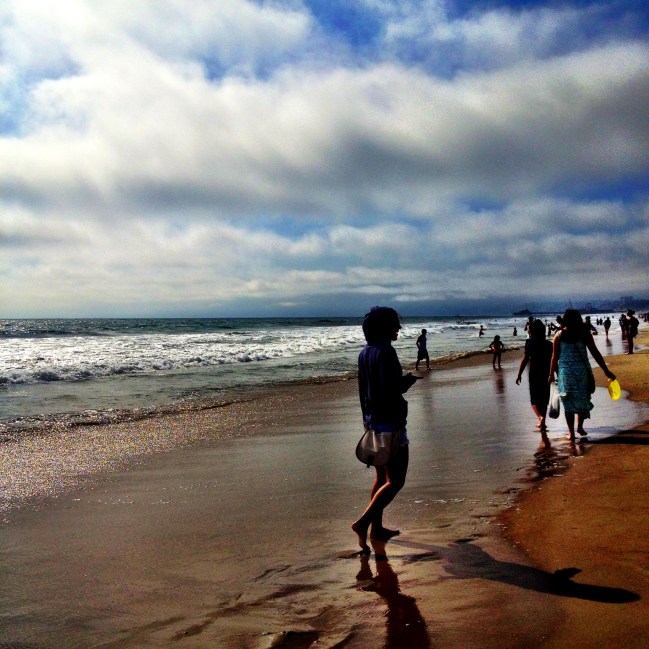 walking on santa monica beach.